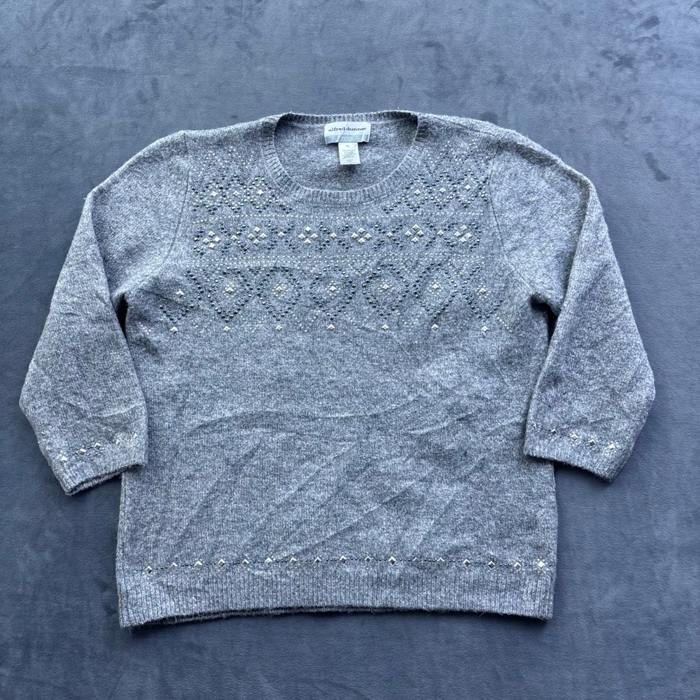 Alfred Dunner Petite Large Gray Studded Embellished Crew Neck 3/4 Sleeve Sweater